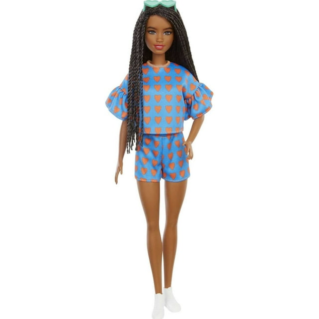 Barbie Fashionistas Doll #172 in Heart Print Shirt & Shorts with Braided Hair, Sneakers & Sunglasses