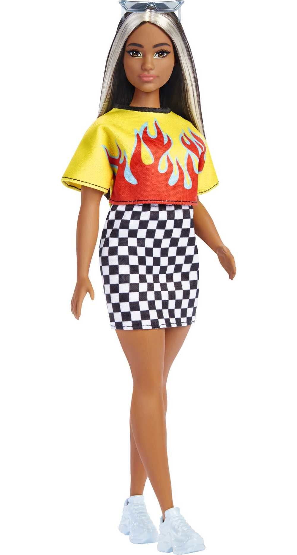 Barbie Fashionistas Doll #179, Curvy with Long Highlighted Hair in Crop Top  & Checkered Skirt
