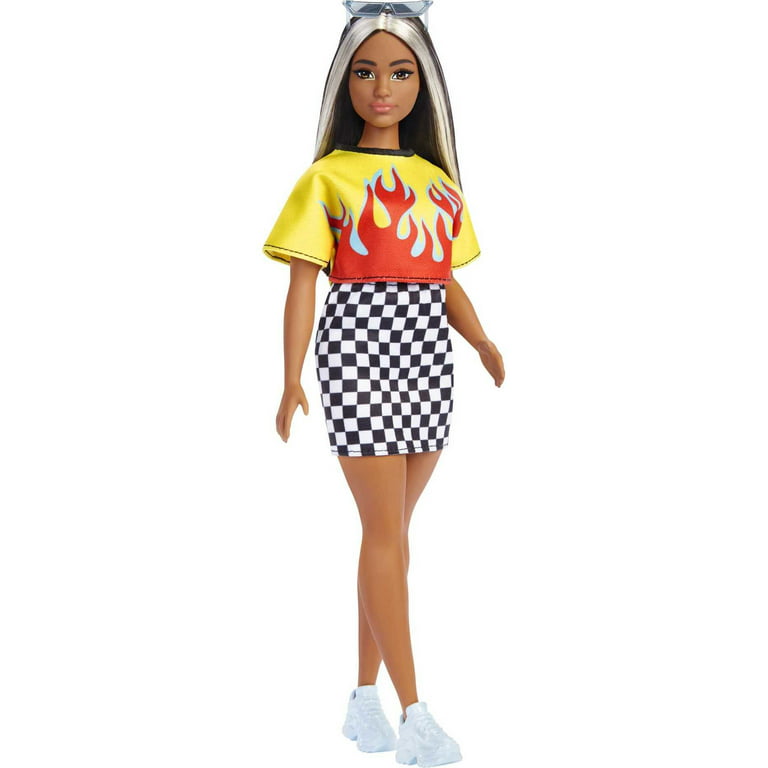 Barbie Fashionistas Doll #179, Curvy with Long Highlighted Hair in Crop Top  & Checkered Skirt 