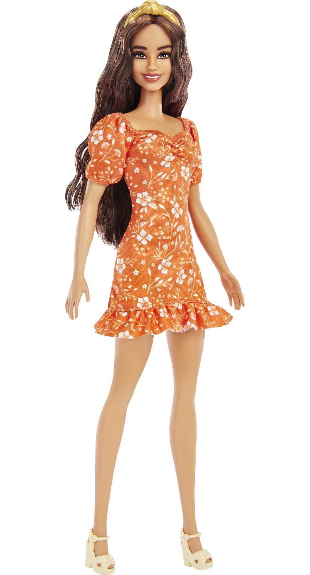 Barbie Fashionistas Doll #182 with Wavy Brunette Hair & Headband in Orange  Floral Dress & Heels 