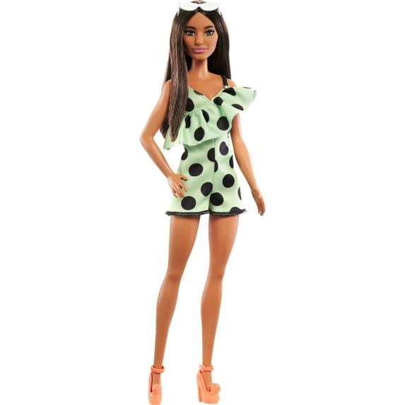 Barbie Fashionistas Doll #200 in Lime Green Polka Dot Romper with Brunette Hair & Accessories
