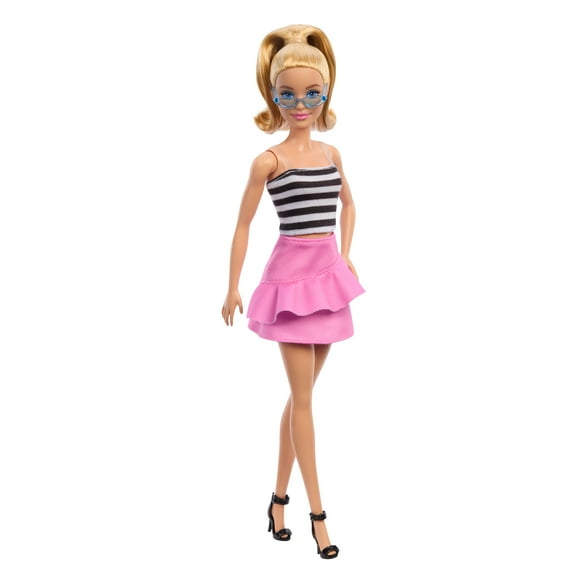 Barbie Fashionistas Doll #213, Blonde with Striped Top, Pink Skirt & Sunglasses, 12.75 in
