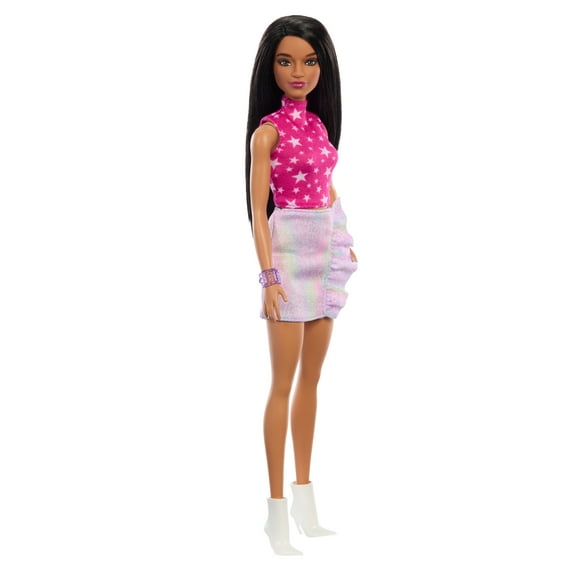 Barbie Fashionistas Doll #215 with Black Straight Hair & Iridescent Skirt, 11.73 in