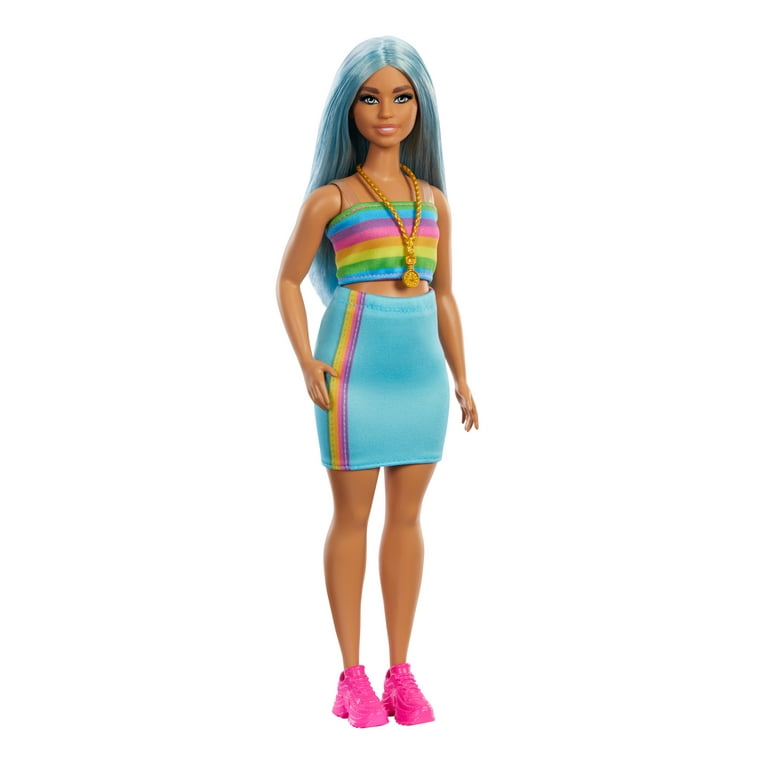 Barbie Fashionistas Doll #218 with Blue Hair, Rainbow Top & Teal