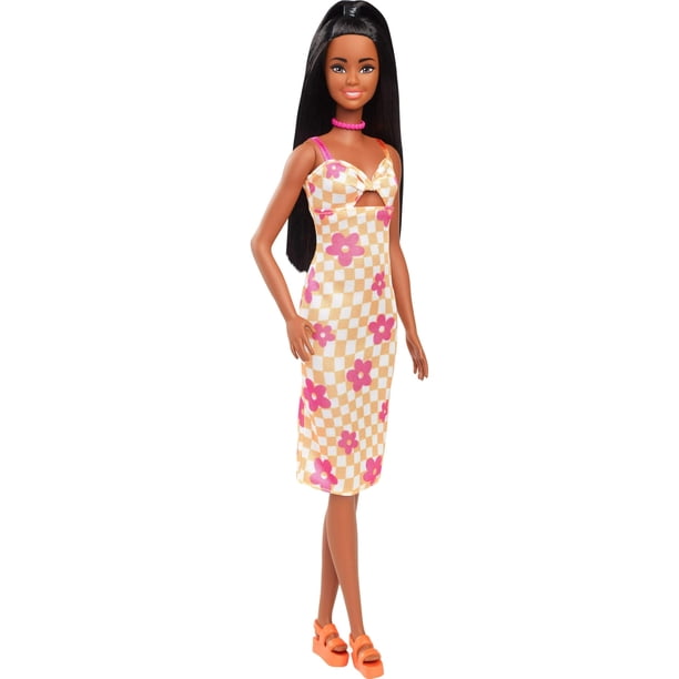 Barbie Fashionistas Doll #233 with Black Hair, Wearing Checkered Orange and Pink Flower Midi Dress with Necklace and Sandals - Walmart Business Supplies Barbie Fashionistas Doll #233 with Black Hair, Wearing Checkered Orange and Pink Flower Midi Dress with Necklace and Sandals - Walmart Business Supplies