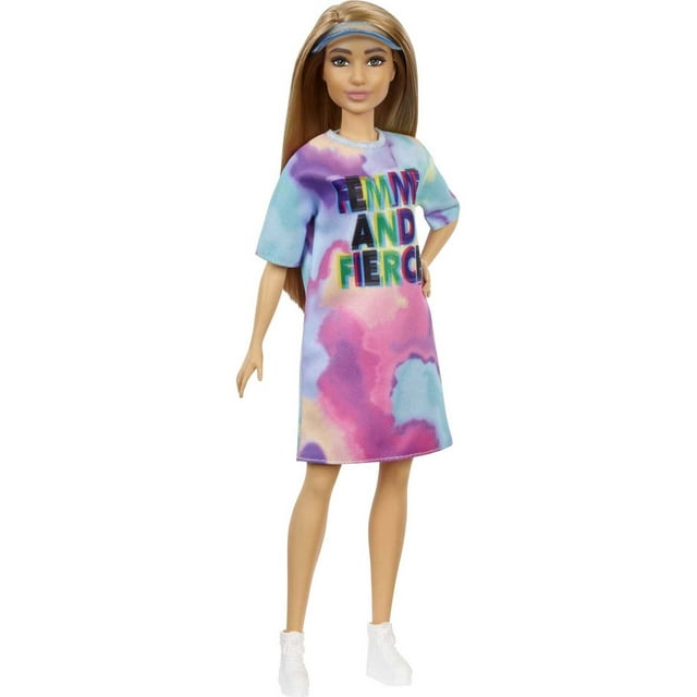 Barbie Fashionistas Doll, Petite, with Light Brown Hair Wearing Tie-Dye T-Shirt Dress, White Shoes & Visor, Toy for Kids 3 to 8 Years Old