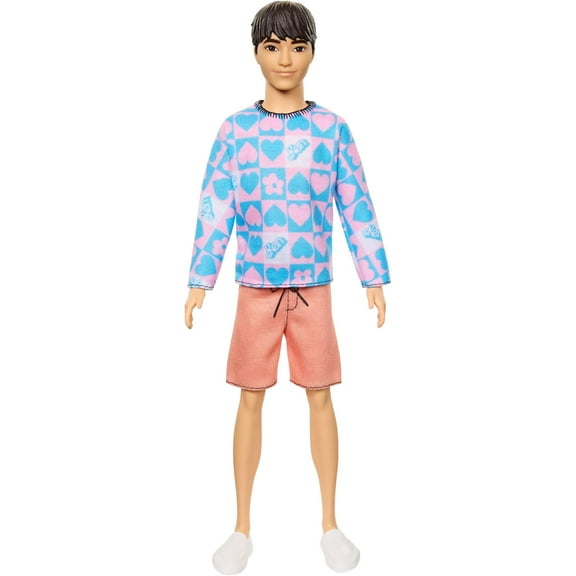 Barbie Fashionistas Ken Doll #219 with Slender Body Wearing a Removable Long-Sleeve Pink & Blue Patterned Shirt with Shorts