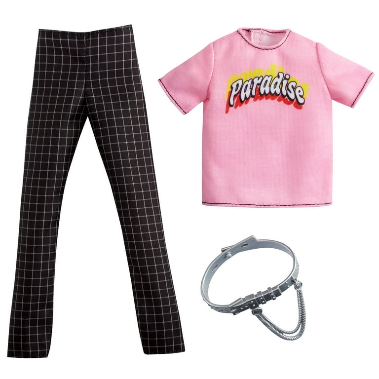 Barbie Fashions Pack: Ken Doll Clothes with Pink “Paradise” Top, Checked  Pants & Chain Belt 