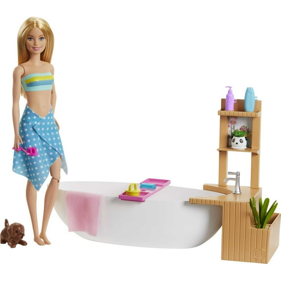 Barbie Fizzy Bath Doll & Playset, Blonde, With Tub, Puppy & More