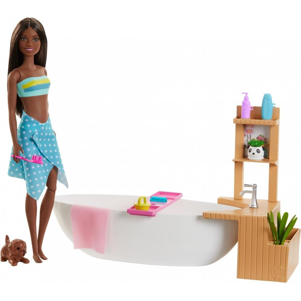 Barbie Spa-Themed Bath Tub & Puppy Playset Toy, Brunette Barbie