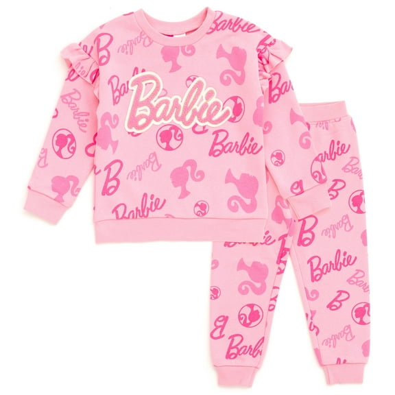 Barbie Fleece Drop Shoulder Sweatshirt and Jogger Pants Outfit Set Logo Newborn to Big Kid