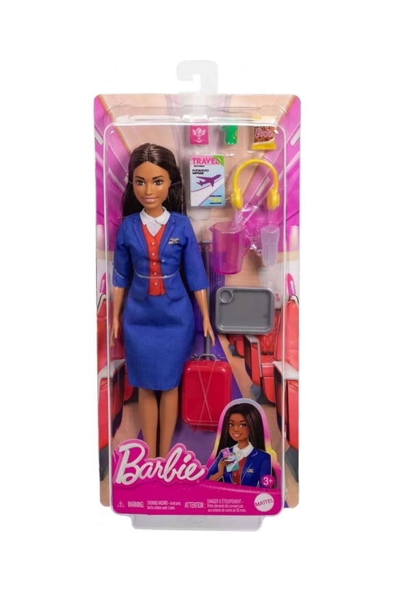Flight Attendant Brunette Fashion Doll in Removable Blue Uniform, Includes Rolling Luggage Suitcase, Headphones, and Passport Accessories