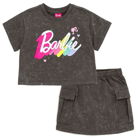 Barbie French Terry Cropped Drop Shoulder T-Shirt and Skirt Outfit Set Toddler to Big Kid