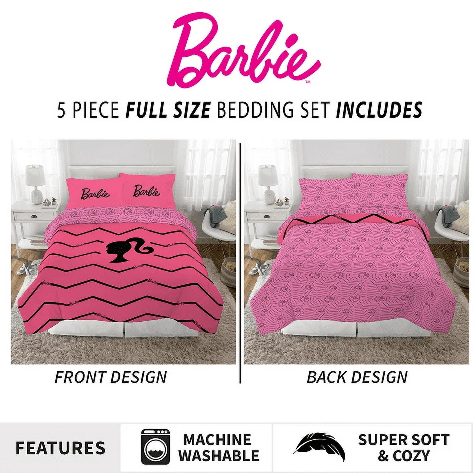 Barbie Full Reversible Comforter and 4 Piece Full Sheet Set with Throw and Skate Pillow