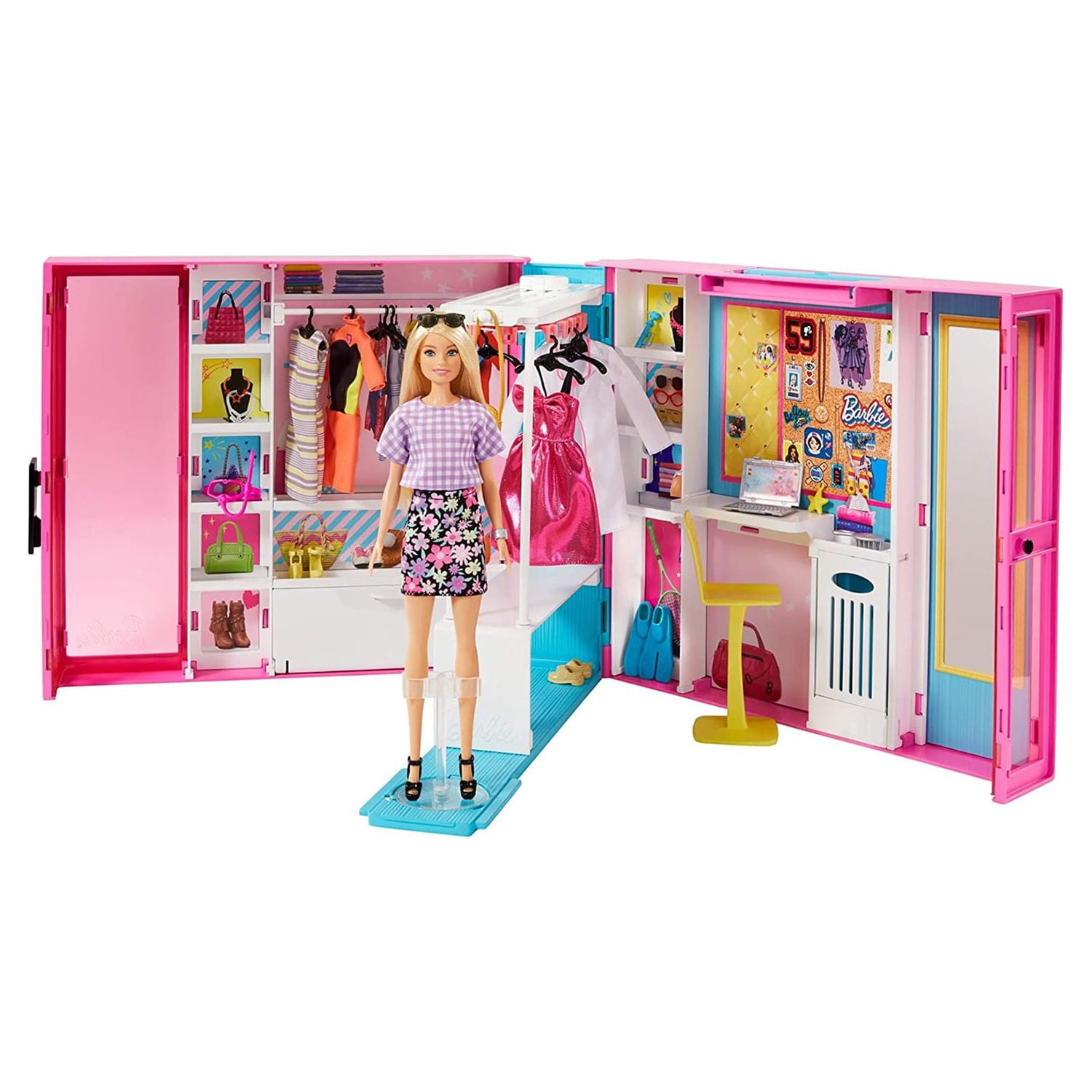 SOTOGO Doll Closet Wardrobe Set for Barbie Clothes Storage Including  Clothes, Shoes, Bags, Necklace, Hangers, Trunk, Wardrobe