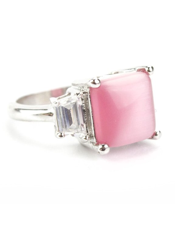 Pink Cat's Eye Statement Ring with CZ Accents - Size 6 Jewelry Ring Silver
