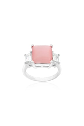 Pink Cat's Eye Statement Ring with CZ Accents - Size 9 Jewelry Ring Silver