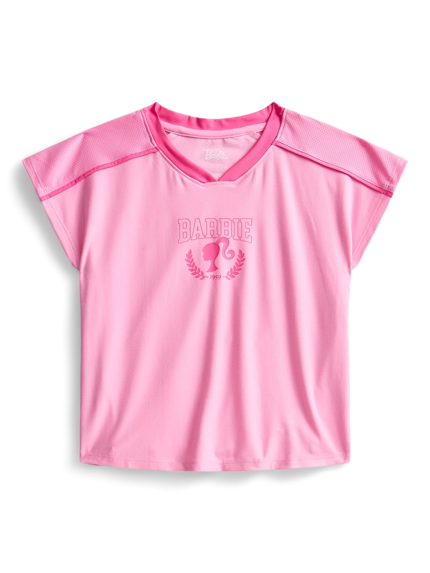 Barbie Girls Active V-Neck Graphic Jersey with Short Sleeves, Sizes 4-12