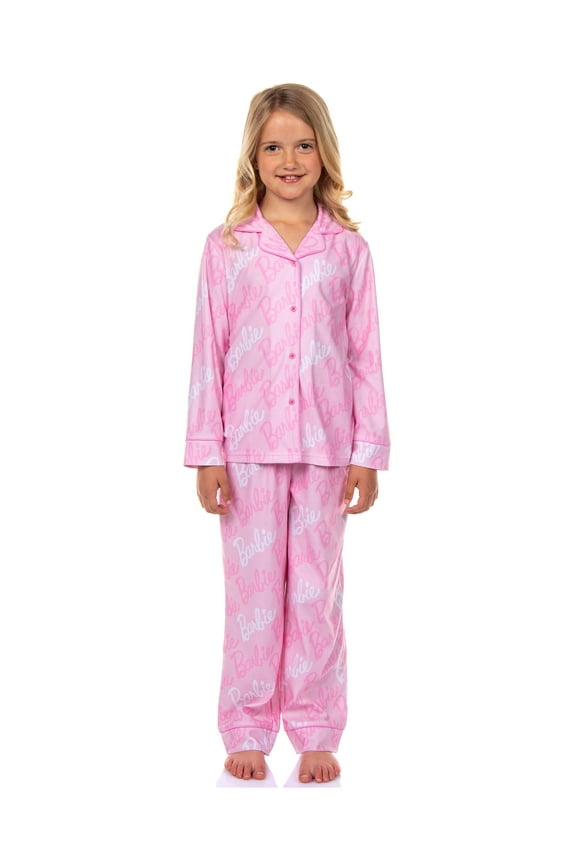 Barbie Pajama Girls' Barbie Logo Button Front Long Sleeve Shirt and Pant 2 Piece Set Sleepwear