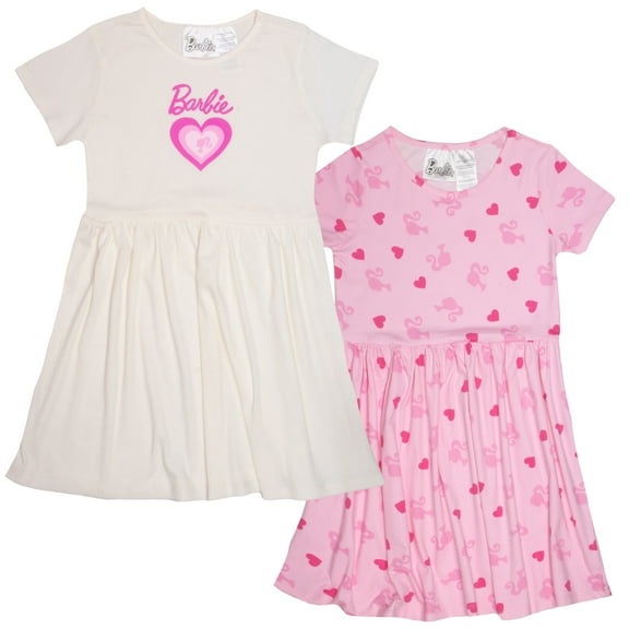 Barbie Girl's Casual Stretch Dress 2-Pack with Barbie Graphic Print Logo - Set of Short Sleeve Summer Dresses for Kids (Size 4-6X)