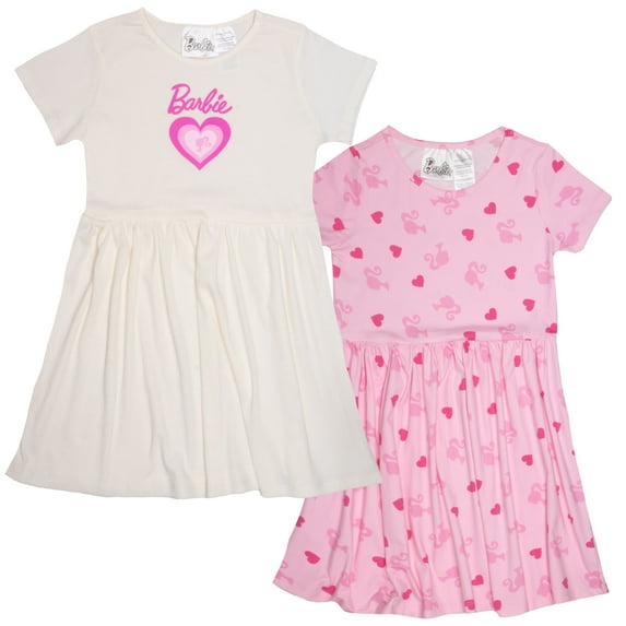 Barbie Girl's Casual Stretch Dress 2-Pack with Barbie Graphic Print Logo - Set of Short Sleeve Summer Dresses for Kids (Size 4-6X)