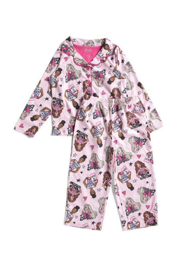 Girl's Character Print Button-Down Pink Soft Flannel Pajama Set (Size 10)