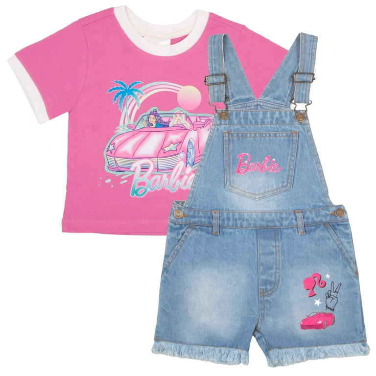 Barbie Girl's Crewneck T-Shirt Denim Short Overalls 2-Piece Set
