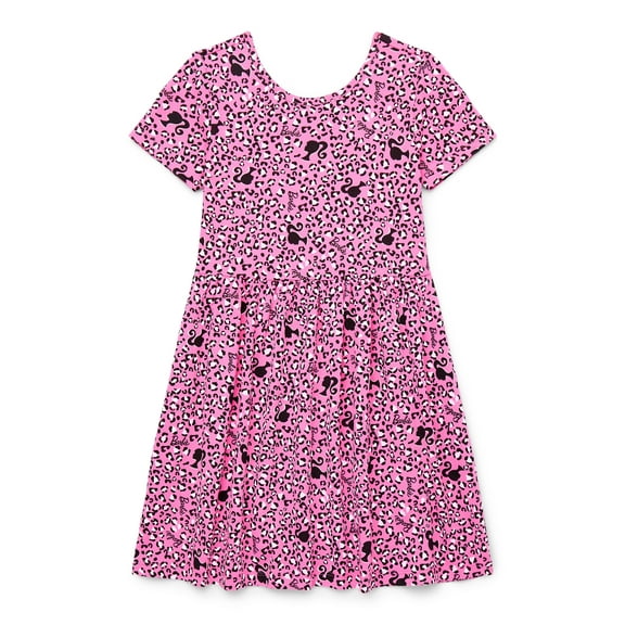 Barbie Girls' Print Skater Dress with Short Sleeves, Sizes 4-12