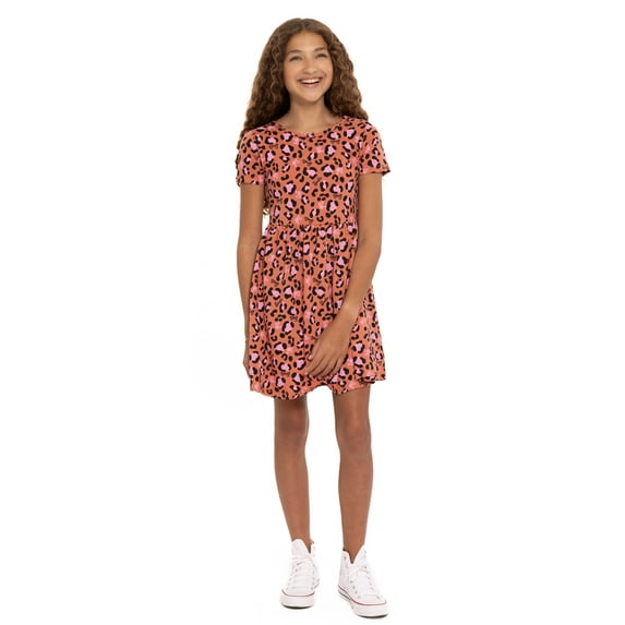 Barbie Girls' Print Skater Dress with Short Sleeves, Sizes 4-12