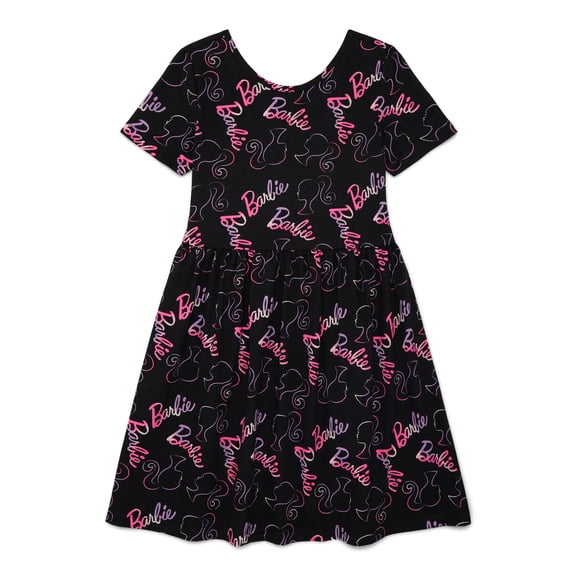 Barbie Girls Allover Print Dress with Short Sleeves, Sizes 4-12