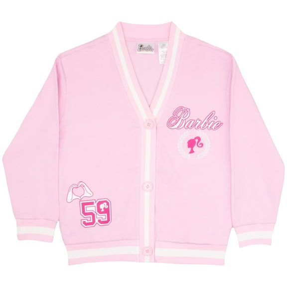 Barbie Girl's V-Neck Button Up Cardigan with Graphic Print and Embroidered Design - Long Sleeve Sweater with Pockets for Kids (Size 7-16)