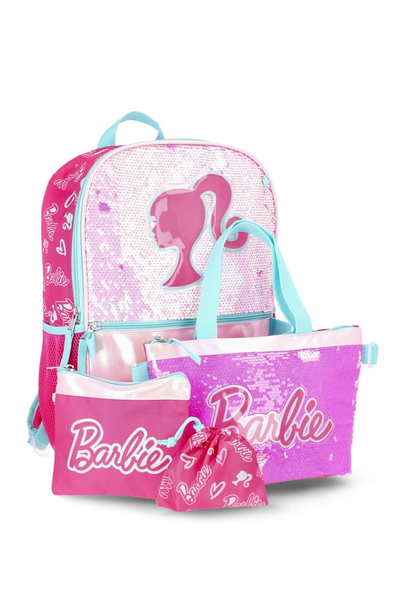 Barbie Girls 17" Sequin Backpack, Lunch Box, Coin Pouch, and Tote Set, 4-Piece, Pink