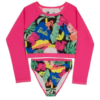 Barbie Girls 2-Piece Swimsuit Set, Cropped Long-Sleeved Rash Guard and Bikini Bottoms, Quick-Drying Swimwear for Kids (Sizes 2T-16)