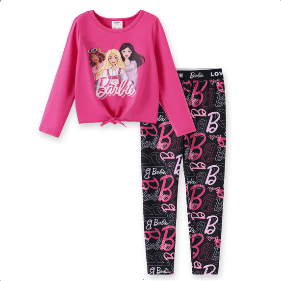 Barbie Girls 2Pcs Pink Outfit Set Long Sleeve Graphic Tee And Logo Print Legging Casual Matching Clothes Sizes 5-12Y