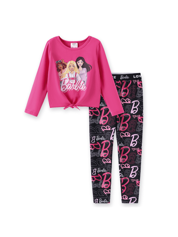 Girls 2Pcs Pink Outfit Set Long Sleeve Graphic Tee And Logo Print Legging Casual Matching Clothes Sizes 5-12Y