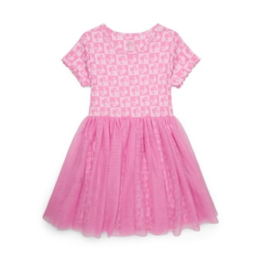 Barbie Girls All Over Print Tulle Dress with Short-Sleeves, Sizes 4-12