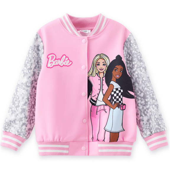 Barbie Girls Bomber Jacket Graphic and Letter Print Colorblock Lightweight Sweatshirt Varsity Jacket Gift Sizes 3-10