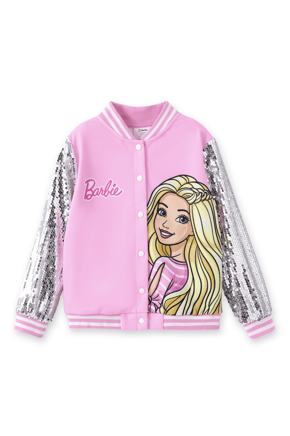 Girls Bomber Jacket Sequin Sleeve Lightweight Pink Cartoon Graphic Varsity Jacket Outerwear Fall Spring Sweatshirts Sizes 3-10