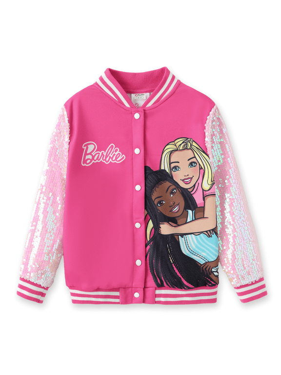 Girls Bomber Jacket Sequin Sleeve Lightweight Pink Cartoon Graphic Varsity Jacket Outerwear Fall Spring Sweatshirts Sizes 3-10