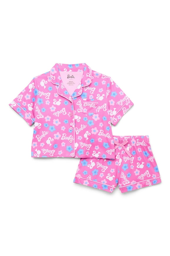 Barbie Girls' Button Front Top and Shorts Pajama Set, 2-Piece, Sizes 4-12