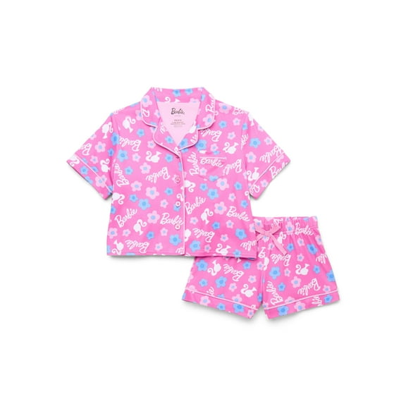 Barbie Girls' Button Front Top and Shorts Pajama Set, 2-Piece, Sizes 4-12