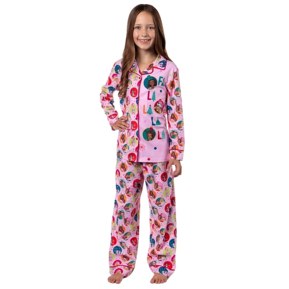 Barbie Girls' Christmas Holiday FALALALA Santa Snowflake Kids 2PC Button-Front Sleep Pajama Pant Set Loungewear