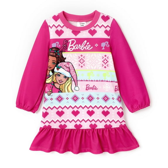 Barbie Toddler Girls Christmas Dress Hot Pink Bohemian Ruffle Hem Long Sleeves Outfits Ugly Sweatshirt Sizes 2-6