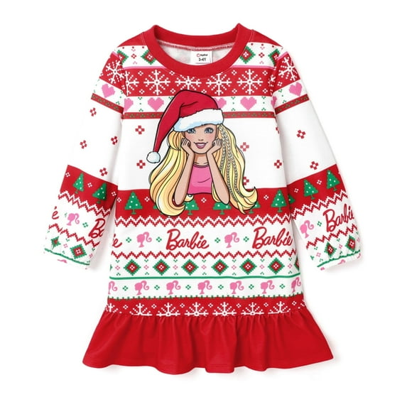 Barbie Toddler Girls Christmas Dress Red Bohemian Ruffle Hem Long Sleeves Outfits Ugly Sweatshirt Sizes 2-6Y