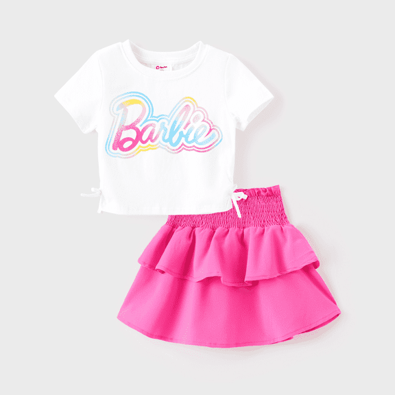 Barbie Girls Dress Cotton Drawstring Short Sleeves Top with Smocking Skirt Set Sizes 3-13