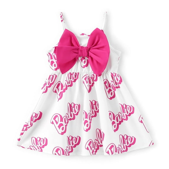 Barbie Girls Dress Roseowhite Allover Letter Print Bowknot Sleeveless Summer Dresses Sizes 7-8 Years