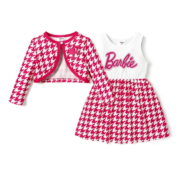 Barbie Girls Dresses Character Graphic Houndstooth Long Sleeve Top and Letter Tank Dress Set Sizes 3-10