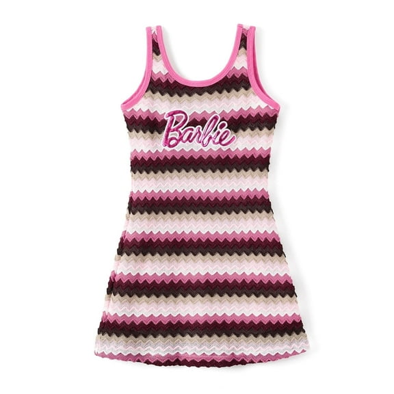 Barbie Girls Dresses Hot Pink Striped Letter Print Sleeveless A Line Sundress Sizes 6-7 Years
