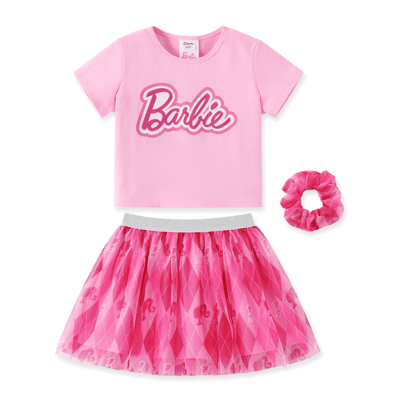 Barbie Girls Dresses Sets 3 Piece Outfit Set Graphic T-Shirt Plaid Tulle Skirt with Scrunchie Girls Fashion Sizes 6-7Y