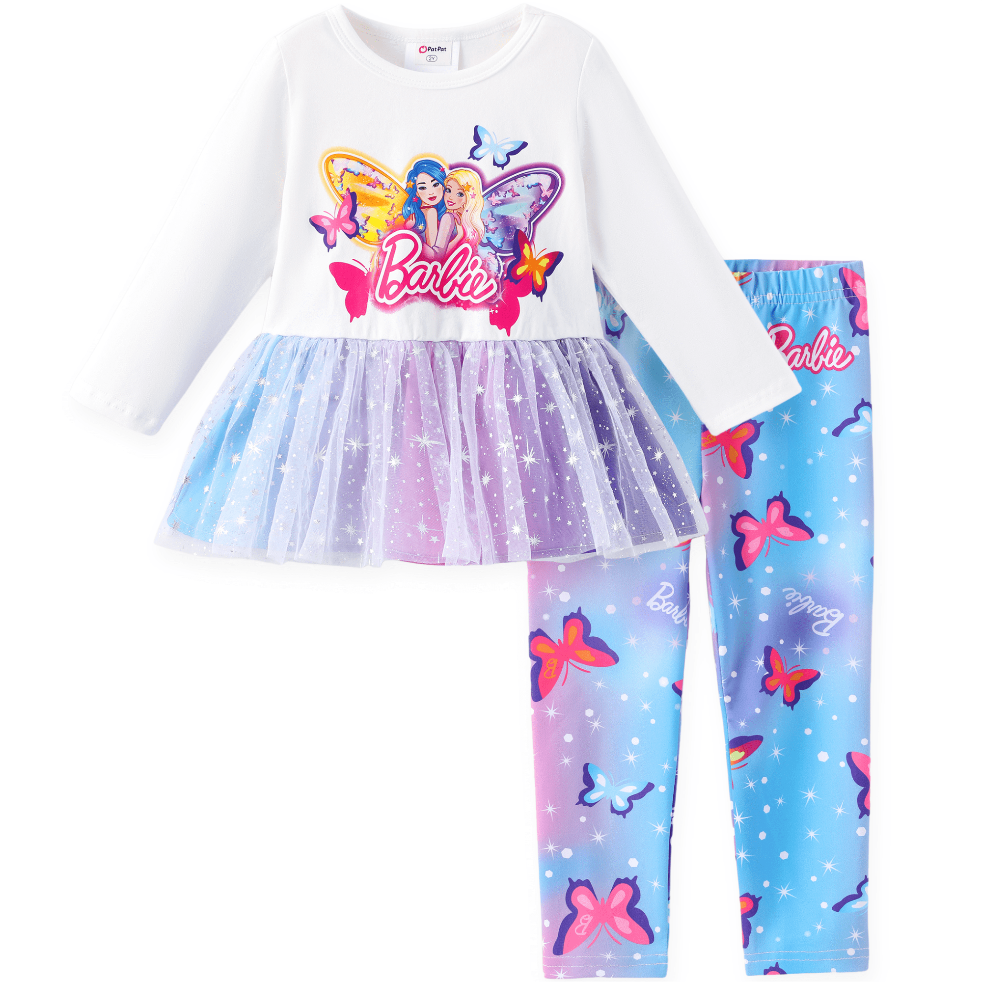 Barbie Girls Fashion Tutu Dress Top and Butterfly Print Graphic Legging Pants 2Pcs Long Sleeve Outfit Sets Sizes 2-9Y